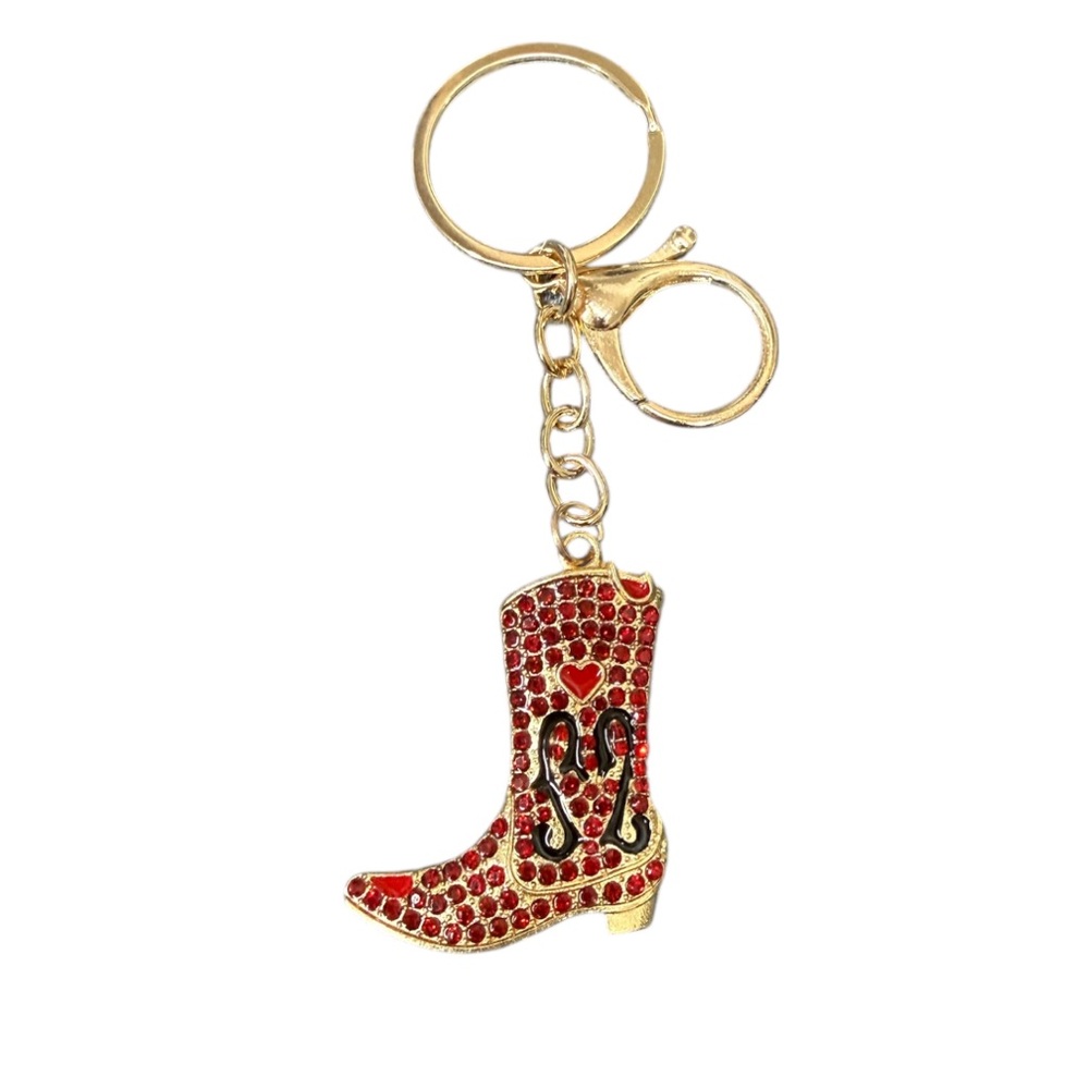 NWT Sparkling Red Rhinestone Goldtone Cowboy Boot Keychain & Bag Charm